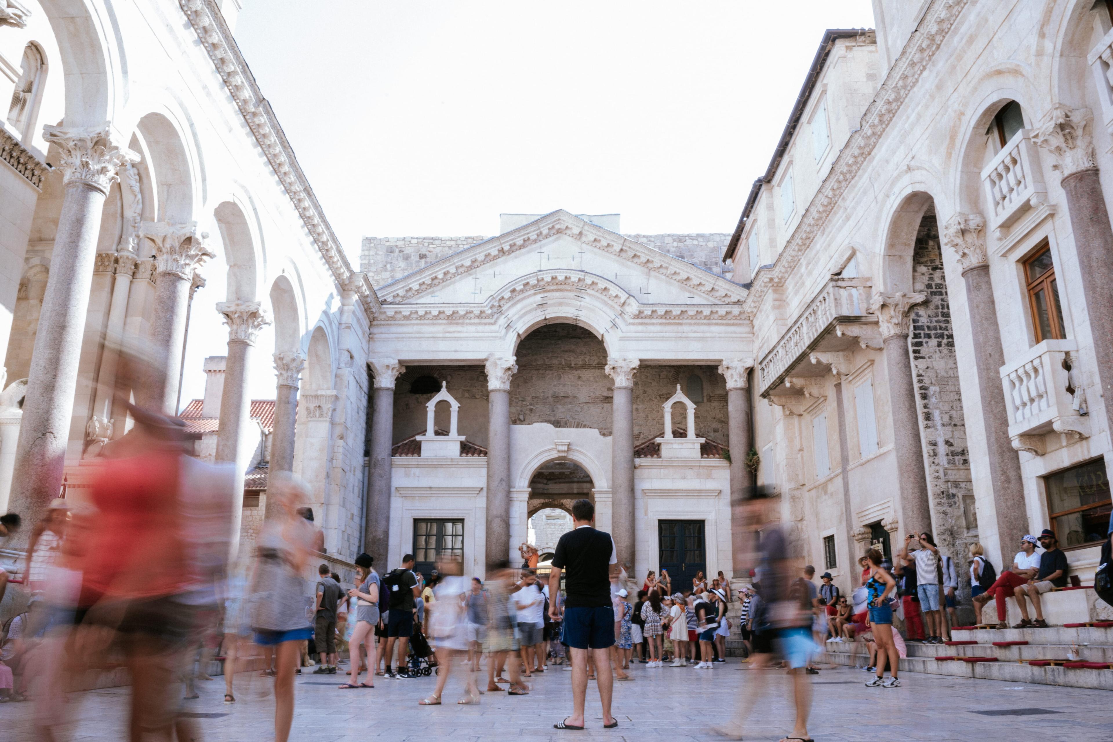 Group walking courtyard scene