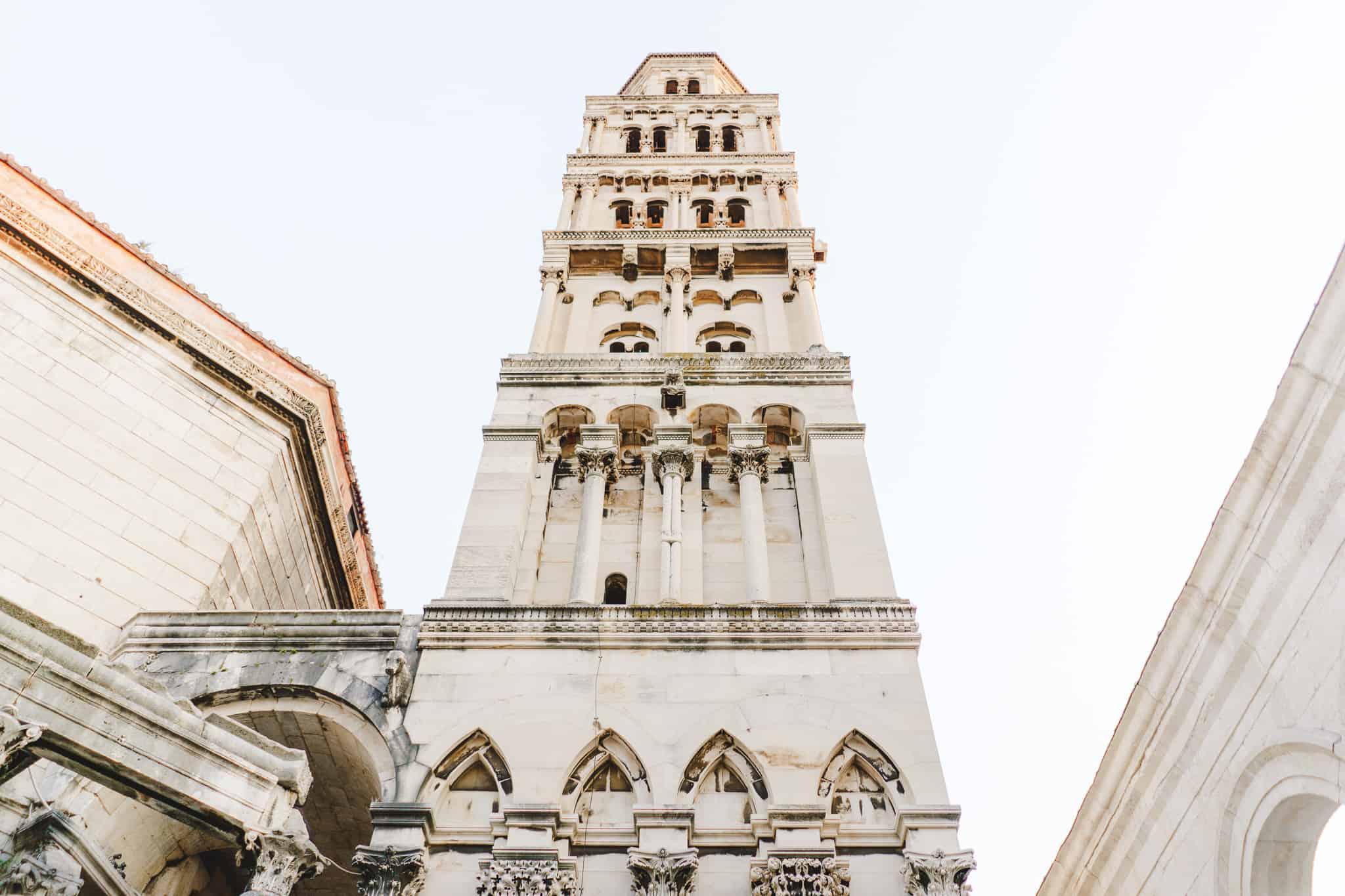 wide bright photo of Saint Dominus bell tower in Split Croatia