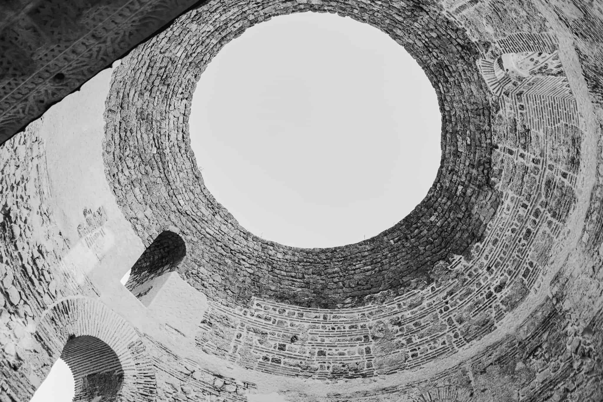 black and white photo of Round ceiling of Saint Domnius cathedral in Split, Croatia