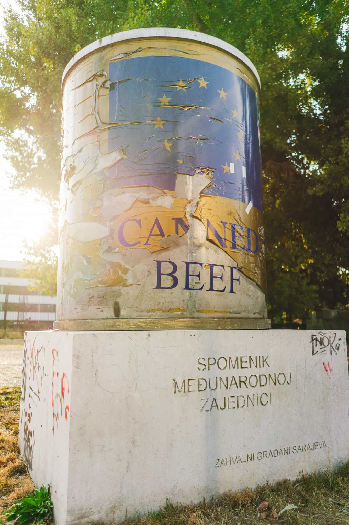 Canned beef sculpture in Sarajevo Bosnia and Herzegovina