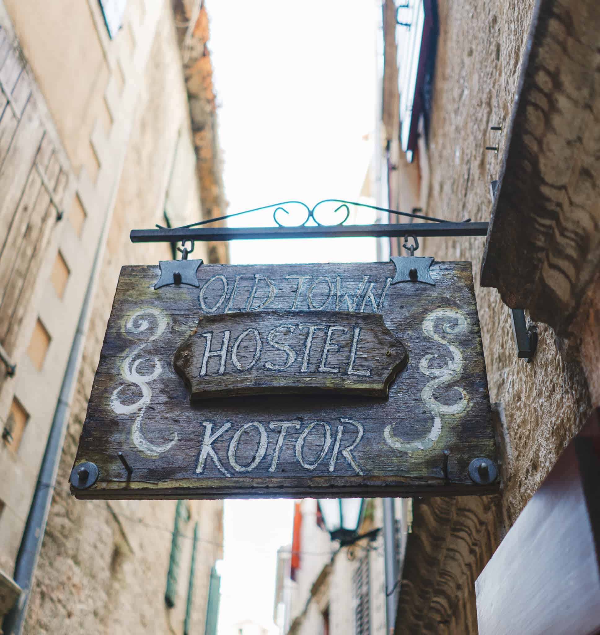 The sign outside the Old Town hostel in couture Montenegro