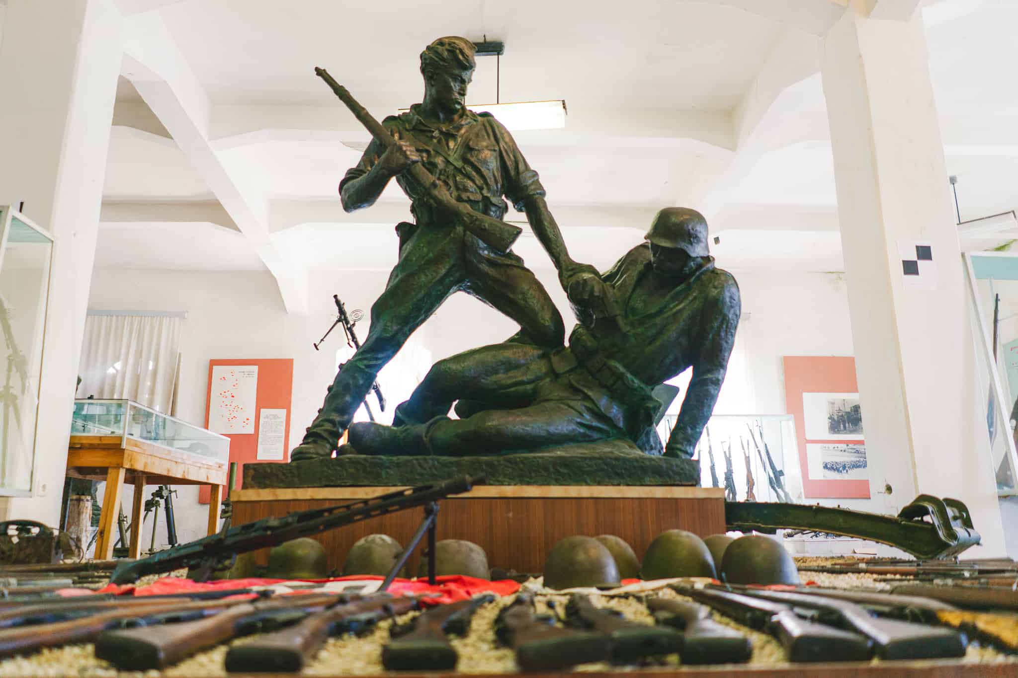 Statue of two men fighting at National Museum of Armaments in gjirokaster Albania
